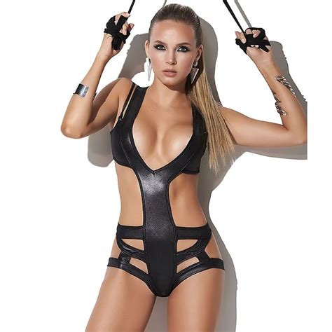 Black Leather Vinyl Bodysuit Lingerie For Women Sexy Deep V Cut Out Bandage Backless Body Suit