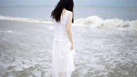 Wallpaper Wanita Fotografi Model Pose Asia Rambut Hitam Pantai Ombak Women On Beach