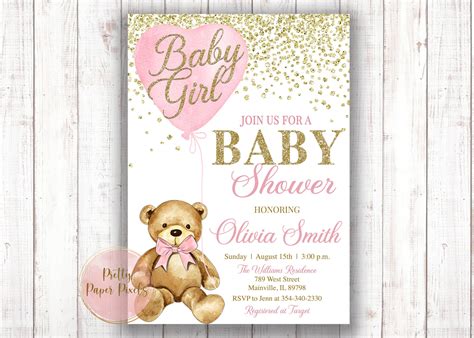 Customizable Pink Teddy Bear Baby Shower Invitation Printable Paper
