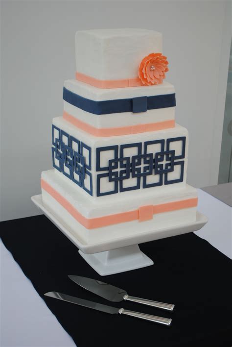 Coral And Navy Wedding Cake Square Wedding Cakes Wedding Cake Navy