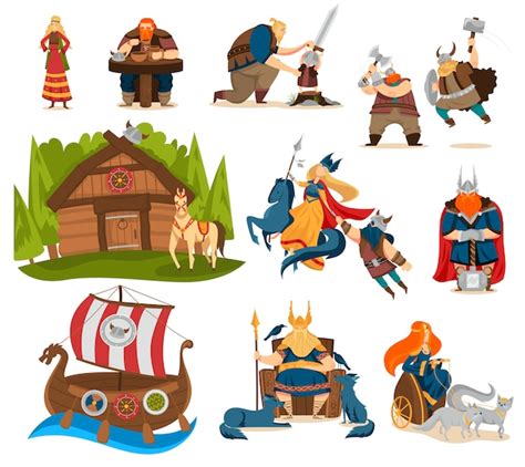 Premium Vector Viking Cartoon Characters And Gods Of Norse Mythology