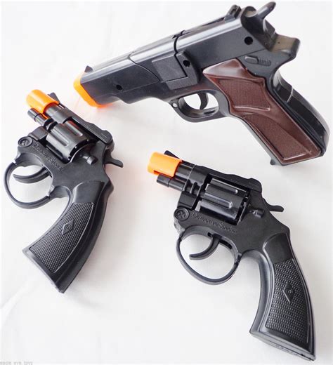 3x Toy Guns Military Police Black 9mm Pistol And Snub Nose Revolver Cap