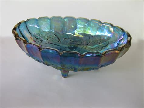 Vintage Blue Carnival Glass Oval Center Bowl Footed Fruit Bowl
