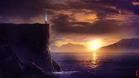 Man Meditating At The Edge Of The Cliff Facing Sunset Wallpaper
