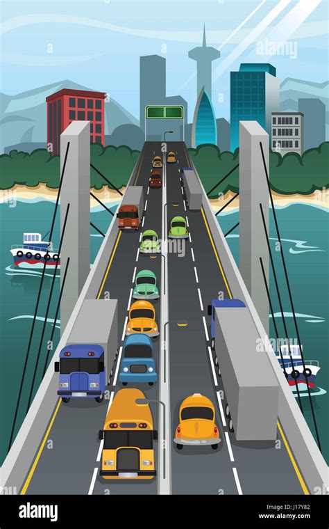 A Vector Illustration Of Aerial View Of Vehicle Traffic Crossing The