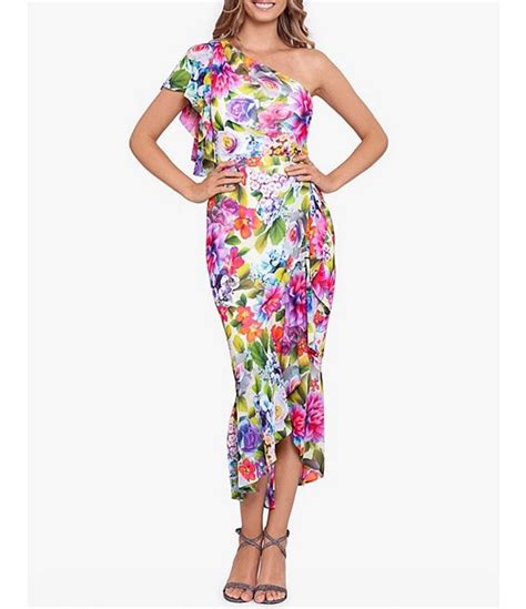 Betsy And Adam One Shoulder Floral Print Chiffon Ruffle Front Midi Dress