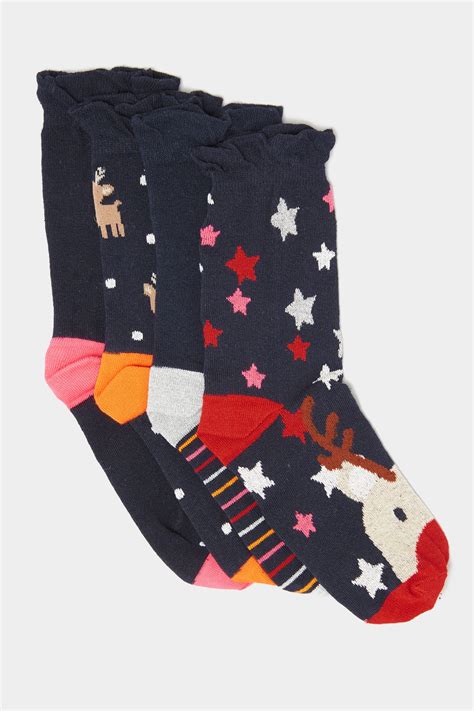 4 Pack Navy Novelty Reindeer Christmas Socks Yours Clothing