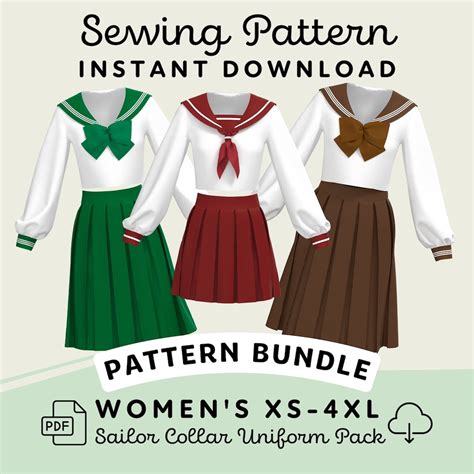 Japanese School Uniform Sewing Pattern Bundle Womens Xs 4xl Seifuku