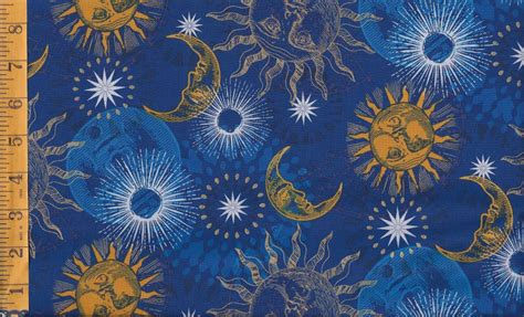Celestial Gold Blue And White Sun Moon And Stars On Dark