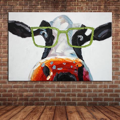 Funny Cows Wear Glasses Oil Painting Cartoon Animal Canvas
