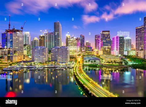 Miami Florida Usa Downtown Skyline Over Biscayne Bay At Night Stock