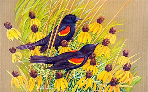 Redwinged Blackbirds Flowers Birds Painting Blossoms Hd Wallpaper