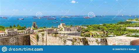 Yedikule Fortress Overlooking Sea With Vessels Istanbul Turkey Stock