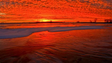 Wallpaper Sunset Shore Snow Horizon Fiery Hd Picture Image