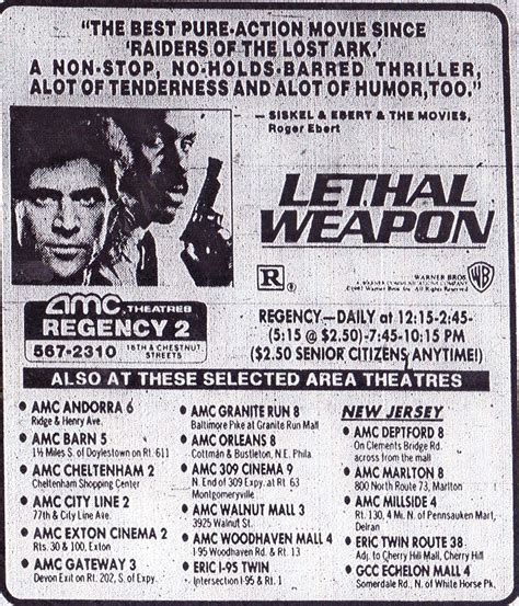 We have 5 amc movie theater locations with hours of operation and phone number. Ad for "Lethal Weapon," starring Danny Glover and Mel ...