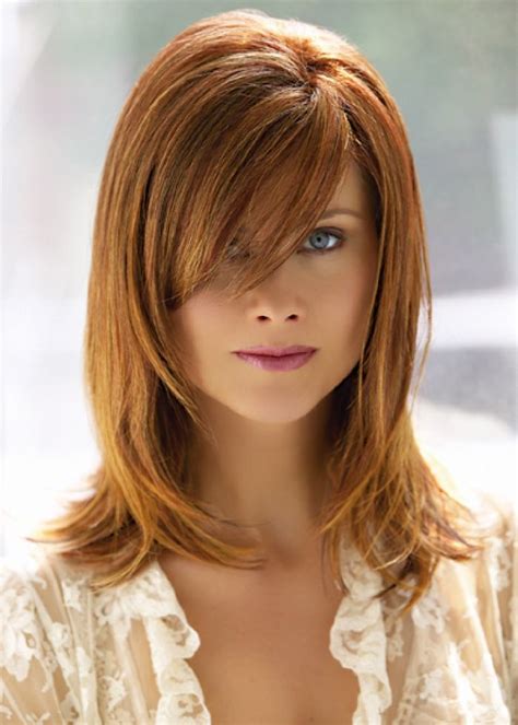 Fine layers and voluminous bangs. medium length hairstyles with side swept bangs and layers ...