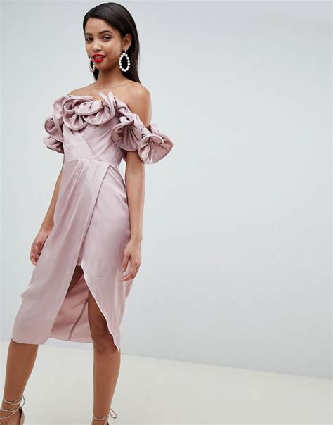 Lyst Asos Occasion Satin Pencil Dress With Extreme Ruffle Bandeau In Pink