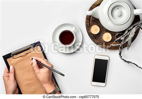 A Woman Hands Writing On Empty Book Note Diary Spread Mockup Top