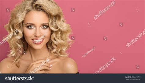 Blonde Woman Curly Beautiful Hair Smiling Stock Photo 748817551