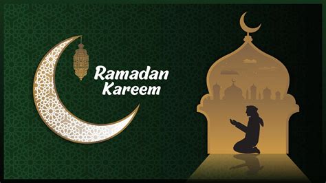 Green Ramadan Background With Crescent Moon And Mosque Silhouette