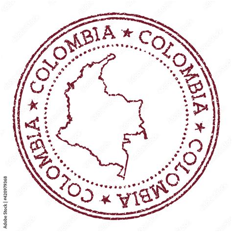 Colombia Round Rubber Stamp With Country Map Vintage Red Passport Stamp With Circular Text And