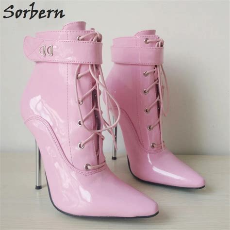 sorbern pink women pointed toe ankle boot for women lady cross tied 12cm metal high heels sexy