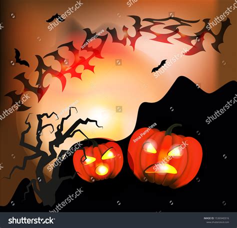Halloween Illustration Pumpkins Gnarled Tree Bats Stock Vector Royalty