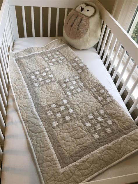 Gender Neutral Checkered Baby Quilt Taupe And White Handmade In Usa