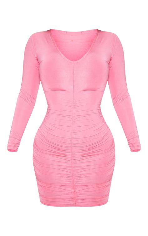 Bubblegum Pink Slinky Ruched Front Bodycon Dress Prettylittlething Il