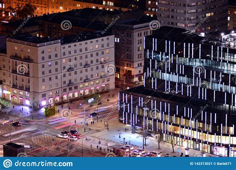 Aerial View Of Warsaw Downtown Warsaw At Night Editorial Photo Image