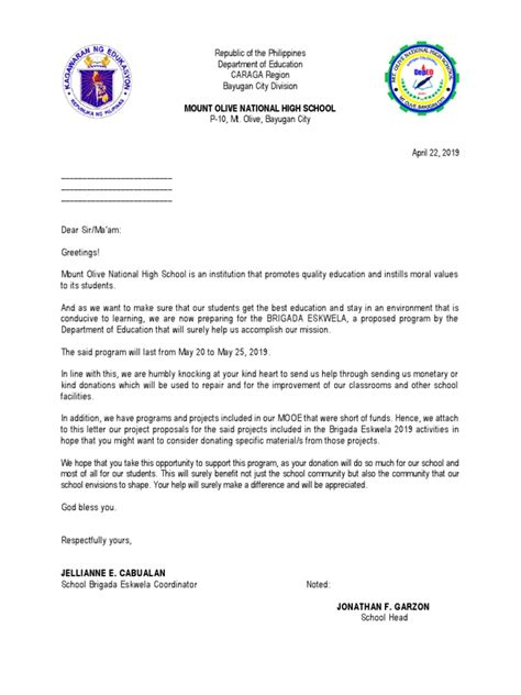 Solicitation Letter For Brigada Eskwela Pdf