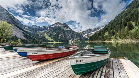 Austria Lake Mountains Marina Boat Wallpaper 2048x1152 132615