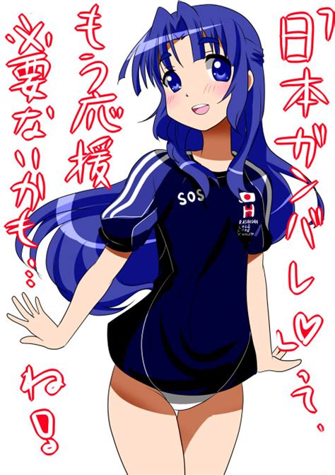 Safebooru Blue Eyes Blue Hair Blush Bottomless Jersey Long Hair Smile Suzumiya Haruhi No