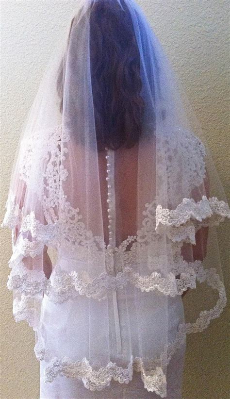 Two Layers Bridal Lace Veil With Beaded Scalloped Lace Edge Etsy