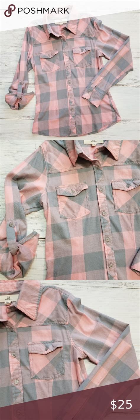 Thread And Supply Medium Pink Gray Flannel Top Flannel Tops Grey