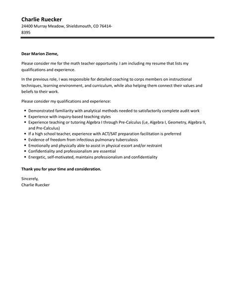 Math Teacher Cover Letter Velvet Jobs