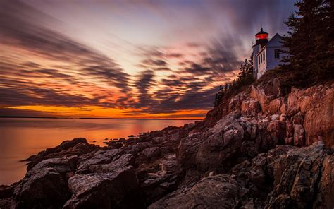 Bass Harbor Headlight Lighthouse Sunset Wallpaper Hd Nature 4k