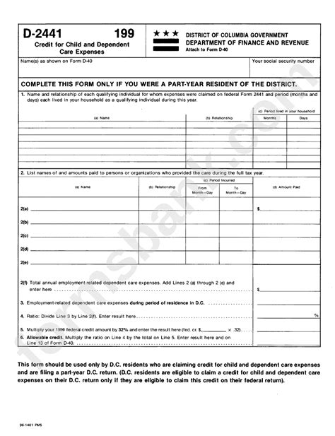 Fillable Form D 2441 Credit For Child And Dependent Care Expenses