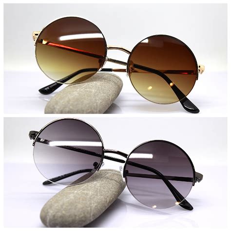 big round semi rimless sunglasses woman gunmetal gold frame black brown gradient lens boho hippy