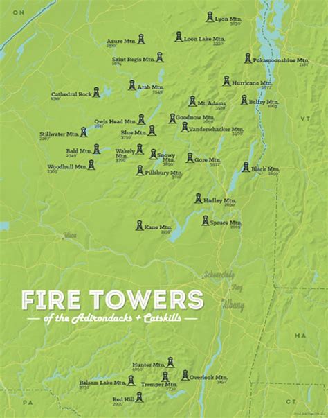 Adirondack Fire Tower Challenge Map 11x14 Print Etsy