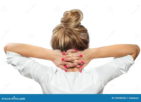 Woman Relaxes Arms Folded Around Her Neck Resting Stock Photo