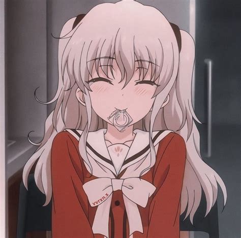 An Anime Girl With Long White Hair Wearing A Red Shirt And Bow Around