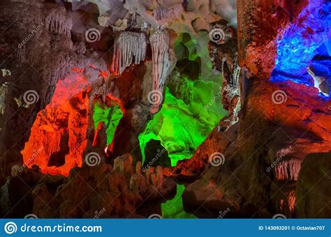 Colorful Illumination In Cave In Vietnam Stock Image Image Of