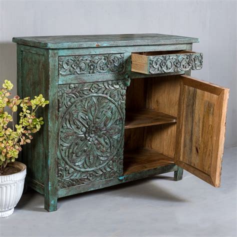 Carved Indian Sideboard Green Chisel And Log