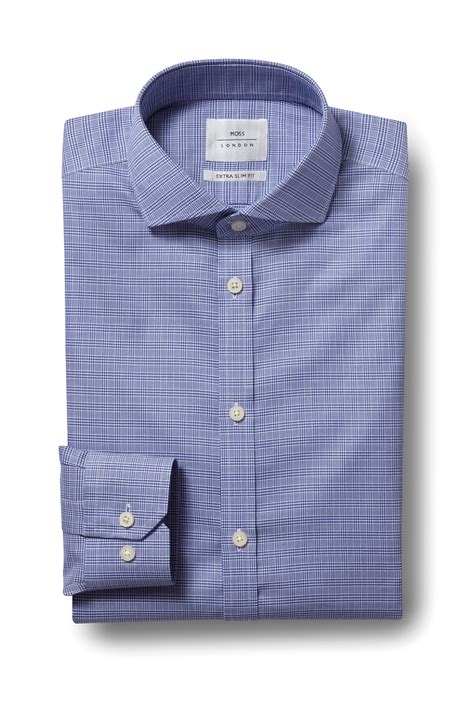 Moss Bros Cotton Extra Slim Fit Blue Single Cuff Check Zero Iron Shirt