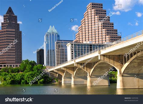 Austin Texas Cityscape With Colorado River On Bright Sunny Day Stock