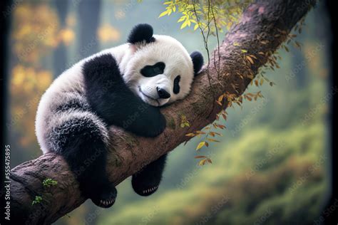 Panda Bear Sleeping On A Tree Branch China Wildlife Cute Lazy Baby