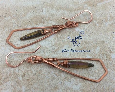Handmade Copper Earrings Framed Wire Wrapped Dangling Amber Glass