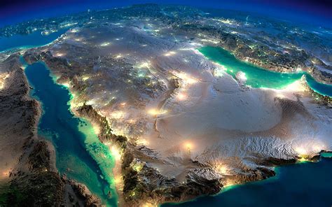 Arabian Peninsula View From Space Night City Lights Red Sea Gulf
