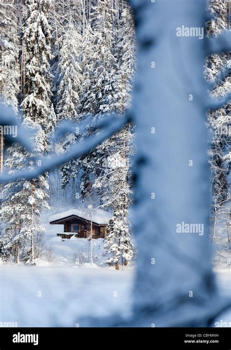 Small Wooden Sauna Cabin Made Of Logs In The Snowy Taiga Forest By A
